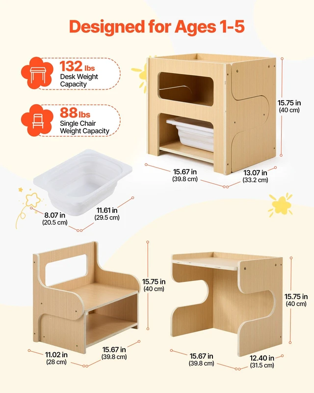 Alt view image 2 of 8 - VEVOR Montessori Weaning Table and Chair Set, Wooden, Kids Table and Chair Set for Toddlers 1-5, Step Stool with Blackboard and Storage Space, Easy to Clean, for Eating, Drawing, Reading, Playing