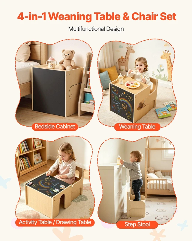 Alt view image 3 of 8 - VEVOR Montessori Weaning Table and Chair Set, Wooden, Kids Table and Chair Set for Toddlers 1-5, Step Stool with Blackboard and Storage Space, Easy to Clean, for Eating, Drawing, Reading, Playing