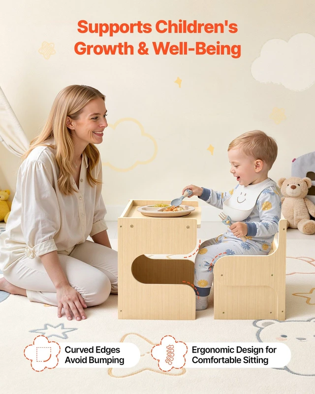 Alt view image 6 of 8 - VEVOR Montessori Weaning Table and Chair Set, Wooden, Kids Table and Chair Set for Toddlers 1-5, Step Stool with Blackboard and Storage Space, Easy to Clean, for Eating, Drawing, Reading, Playing