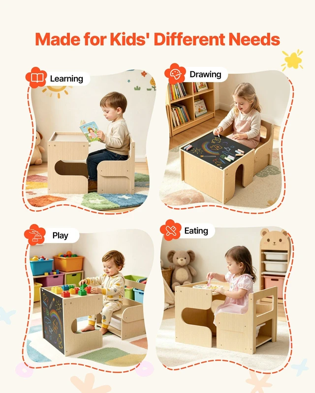 Alt view image 7 of 8 - VEVOR Montessori Weaning Table and Chair Set, Wooden, Kids Table and Chair Set for Toddlers 1-5, Step Stool with Blackboard and Storage Space, Easy to Clean, for Eating, Drawing, Reading, Playing
