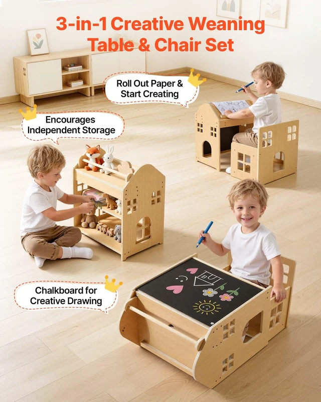 Alt view image 3 of 8 - VEVOR Montessori Weaning Table and Chair Set, Wooden, 3 in 1 Kids Table and Chair Set for Toddlers 1-5, with Detachable Chalkboard, 0°& 35°Angles, Easy to Clean, for Eating Drawing Reading Playing