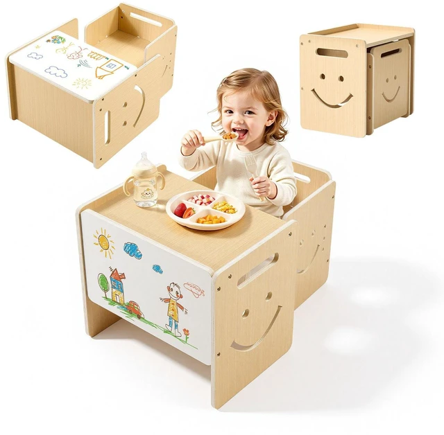 Main image of VEVOR Montessori Weaning Table and Chair Set, Wooden, Kids Table and Chair Set for Toddlers 1-5, Step Stool with Whiteboard and 3 Heights Adjustable, Easy to Clean, for Eating Drawing Reading Playing
