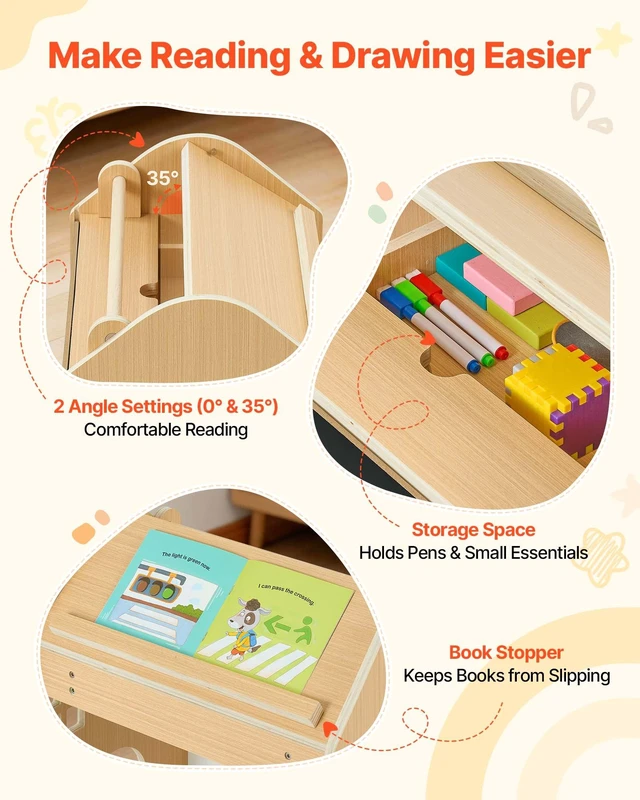 Alt view image 5 of 8 - VEVOR Montessori Weaning Table and Chair Set, Wooden, 3 in 1 Kids Table and Chair Set for Toddlers 1-5, with Detachable Chalkboard, 0°& 35°Angles, Easy to Clean, for Eating Drawing Reading Playing