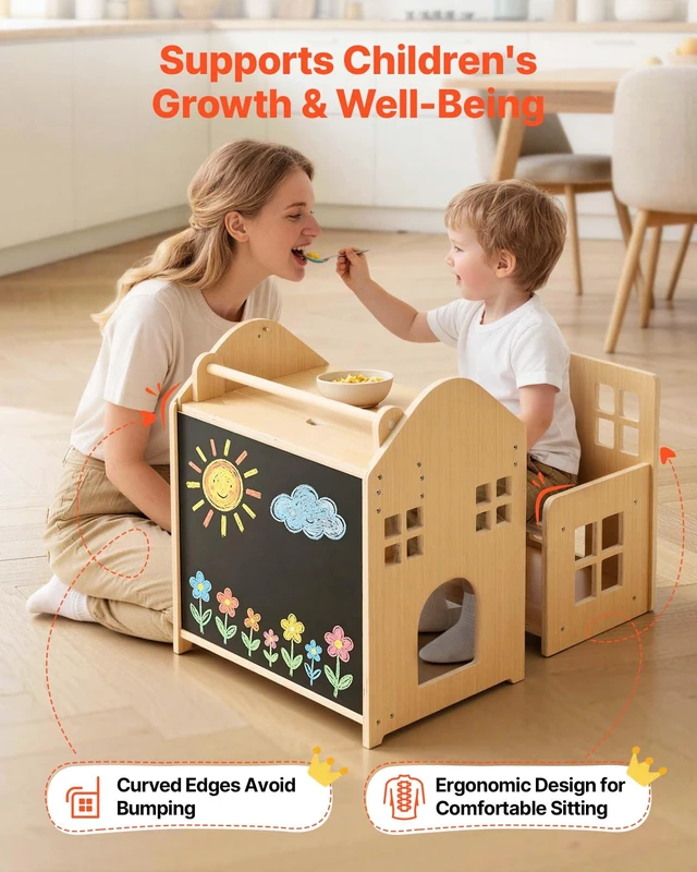 Alt view image 7 of 8 - VEVOR Montessori Weaning Table and Chair Set, Wooden, 3 in 1 Kids Table and Chair Set for Toddlers 1-5, with Detachable Chalkboard, 0°& 35°Angles, Easy to Clean, for Eating Drawing Reading Playing