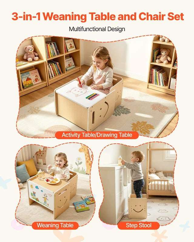 Alt view image 4 of 8 - VEVOR Montessori Weaning Table and Chair Set, Wooden, Kids Table and Chair Set for Toddlers 1-5, Step Stool with Whiteboard and 3 Heights Adjustable, Easy to Clean, for Eating Drawing Reading Playing