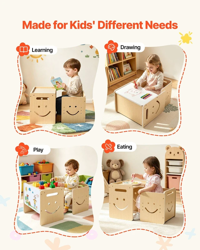 Alt view image 7 of 8 - VEVOR Montessori Weaning Table and Chair Set, Wooden, Kids Table and Chair Set for Toddlers 1-5, Step Stool with Whiteboard and 3 Heights Adjustable, Easy to Clean, for Eating Drawing Reading Playing