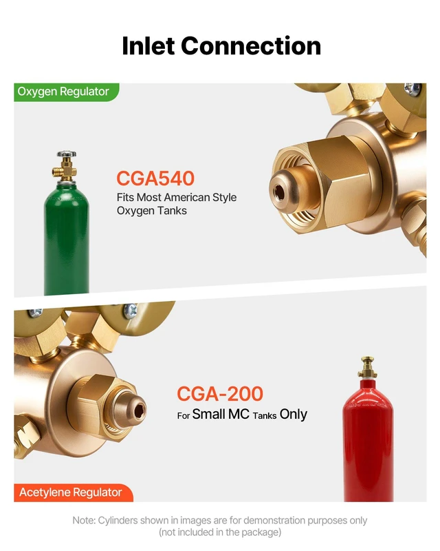 Alt view image 2 of 8 - VEVOR Oxygen Acetylene Regulator Set, Oxy-Acetylene Regulators, 0-4000PSI and 0-400PSI Welding Gas Gauges with CGA-540/CGA-200 Inlet Connection & 3/8"-24 Outlet Connection, T-Handle Adjustment