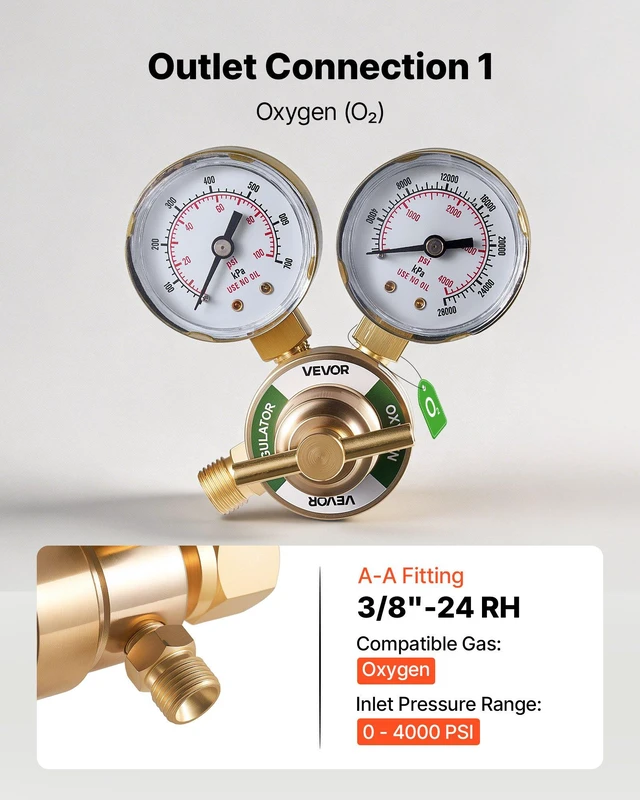 Alt view image 3 of 8 - VEVOR Oxygen Acetylene Regulator Set, Oxy-Acetylene Regulators, 0-4000PSI and 0-400PSI Welding Gas Gauges with CGA-540/CGA-200 Inlet Connection & 3/8"-24 Outlet Connection, T-Handle Adjustment