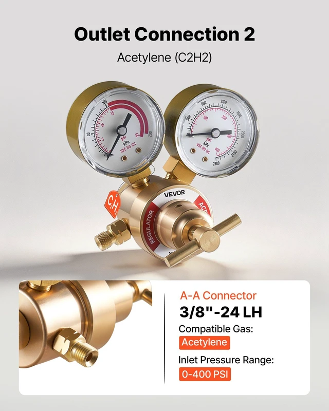 Alt view image 4 of 8 - VEVOR Oxygen Acetylene Regulator Set, Oxy-Acetylene Regulators, 0-4000PSI and 0-400PSI Welding Gas Gauges with CGA-540/CGA-200 Inlet Connection & 3/8"-24 Outlet Connection, T-Handle Adjustment