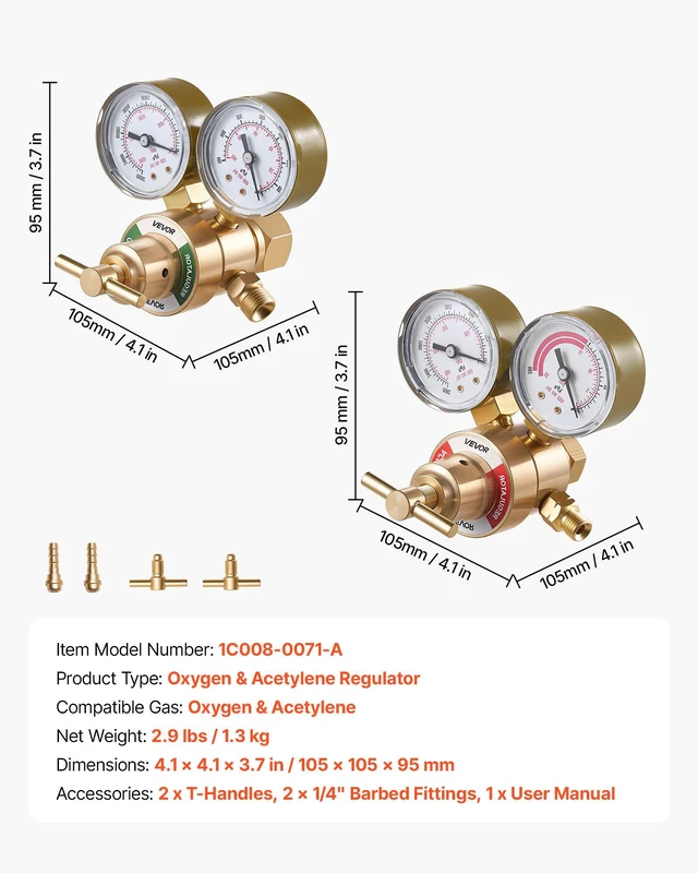 Alt view image 7 of 8 - VEVOR Oxygen Acetylene Regulator Set, Oxy-Acetylene Regulators, 0-4000PSI and 0-400PSI Welding Gas Gauges with CGA-540/CGA-200 Inlet Connection & 3/8"-24 Outlet Connection, T-Handle Adjustment