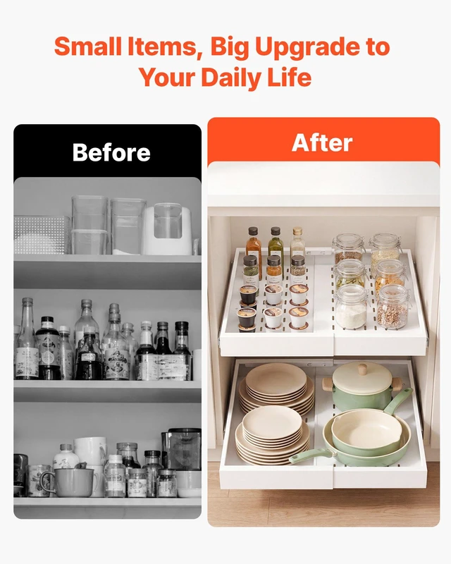 Alt view image 6 of 8 - VEVOR Pull Out Cabinet Organizer, 4 Pack Expandable Width (12.2"-18.9"), 20.47" Deep Pull Out Drawers for Cabinets, Sliding Drawer for Kitchen Pantry Cabinet Organizer with Nano Adhesive Strips, White