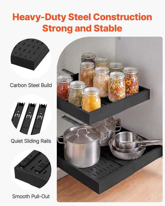 Alt view image 4 of 8 - VEVOR Pull Out Cabinet Organizer, 4 Pack Expandable Width (12.2"-18.9"), 20.47" Deep Pull Out Drawers for Cabinets, Sliding Drawer for Kitchen Pantry Cabinet Organizer with Nano Adhesive Strips, Black