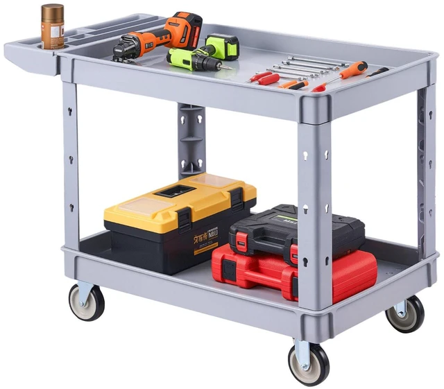 Main image of VEVOR Utility Cart, 550 lbs Capacity, 2 Tier Service Cart with 360° Swivel & Fixed Wheels (2 with Brakes), Heavy Duty Plastic Rolling with Storage Tray, Tool Storage for Garage Warehouse Workshop Gray