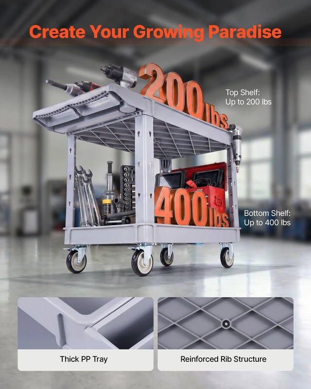 Alt view image 2 of 8 - VEVOR Utility Cart, 550 lbs Capacity, 2 Tier Service Cart with 360° Swivel & Fixed Wheels (2 with Brakes), Heavy Duty Plastic Rolling with Storage Tray, Tool Storage for Garage Warehouse Workshop Gray