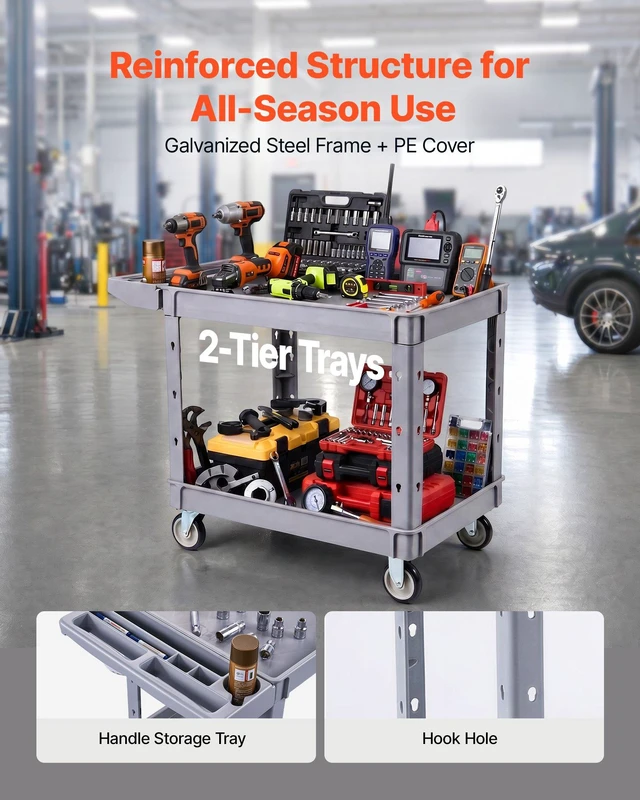 Alt view image 3 of 8 - VEVOR Utility Cart, 550 lbs Capacity, 2 Tier Service Cart with 360° Swivel & Fixed Wheels (2 with Brakes), Heavy Duty Plastic Rolling with Storage Tray, Tool Storage for Garage Warehouse Workshop Gray