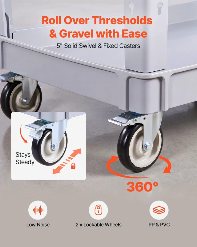 Alt view image 4 of 8 - VEVOR Utility Cart, 550 lbs Capacity, 2 Tier Service Cart with 360° Swivel & Fixed Wheels (2 with Brakes), Heavy Duty Plastic Rolling with Storage Tray, Tool Storage for Garage Warehouse Workshop Gray