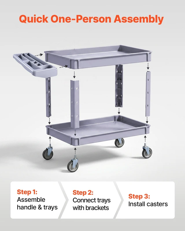 Alt view image 6 of 8 - VEVOR Utility Cart, 550 lbs Capacity, 2 Tier Service Cart with 360° Swivel & Fixed Wheels (2 with Brakes), Heavy Duty Plastic Rolling with Storage Tray, Tool Storage for Garage Warehouse Workshop Gray