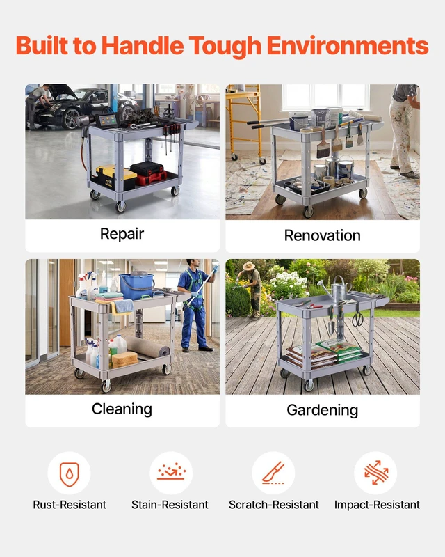 Alt view image 5 of 8 - VEVOR Utility Cart, 550 lbs Capacity, 2 Tier Service Cart with 360° Swivel & Fixed Wheels (2 with Brakes), Heavy Duty Plastic Rolling with Storage Tray, Tool Storage for Garage Warehouse Workshop Gray