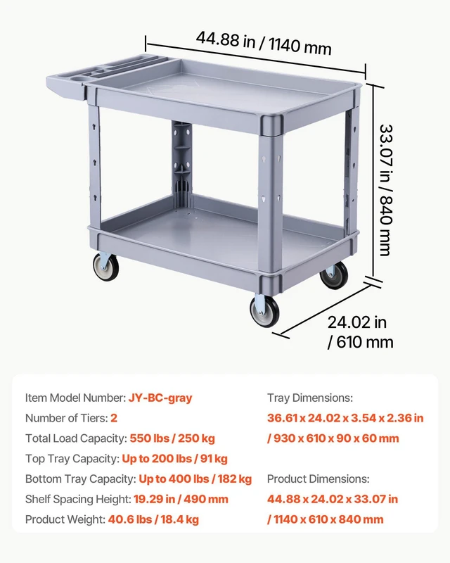 Alt view image 7 of 8 - VEVOR Utility Cart, 550 lbs Capacity, 2 Tier Service Cart with 360° Swivel & Fixed Wheels (2 with Brakes), Heavy Duty Plastic Rolling with Storage Tray, Tool Storage for Garage Warehouse Workshop Gray