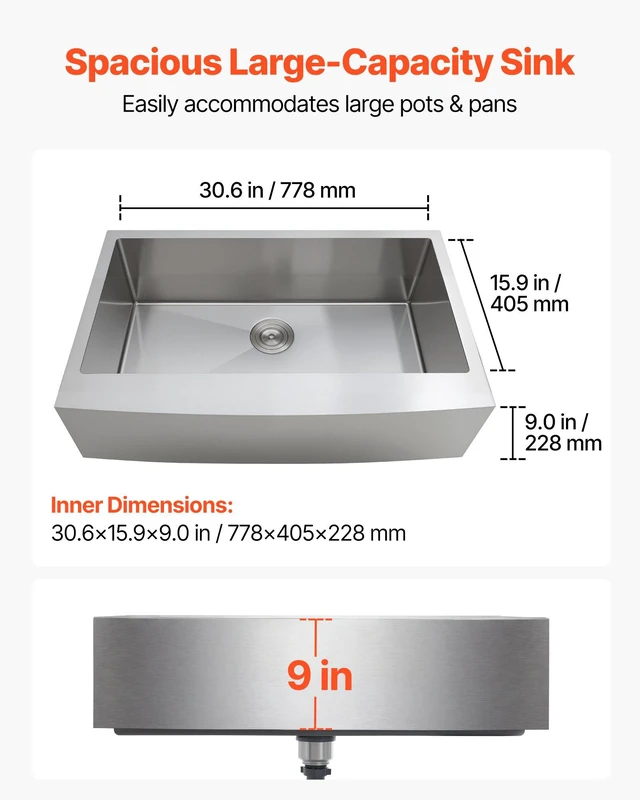 Alt view image 2 of 8 - VEVOR 33-inch Kitchen Undermount Single Bowl Sinks, Stainless Steel Drop-In Farmhouse Basin with Accessories, Household Dishwasher Sinks for RV, Prep Kitchen, Laundry Room, Bar