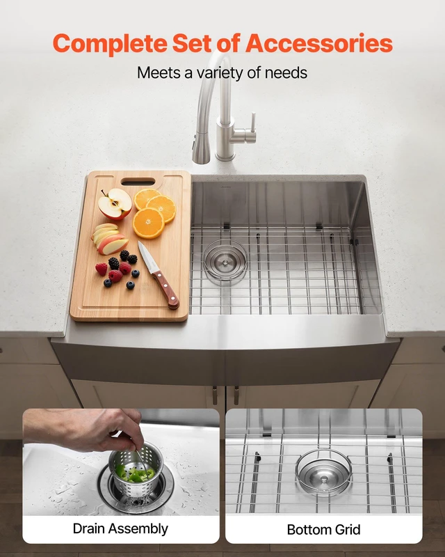 Alt view image 4 of 8 - VEVOR 33-inch Kitchen Undermount Single Bowl Sinks, Stainless Steel Drop-In Farmhouse Basin with Accessories, Household Dishwasher Sinks for RV, Prep Kitchen, Laundry Room, Bar
