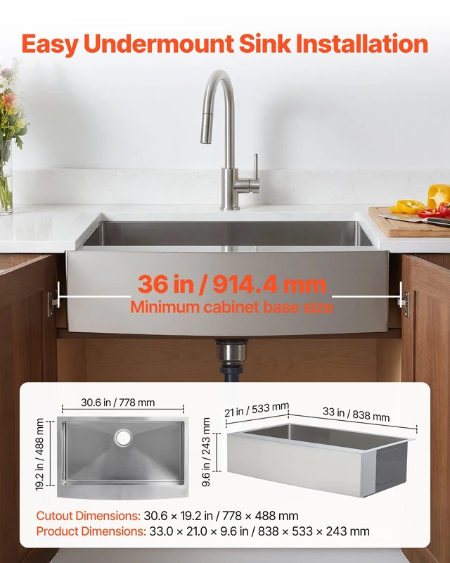 Alt view image 7 of 8 - VEVOR 33-inch Kitchen Undermount Single Bowl Sinks, Stainless Steel Drop-In Farmhouse Basin with Accessories, Household Dishwasher Sinks for RV, Prep Kitchen, Laundry Room, Bar