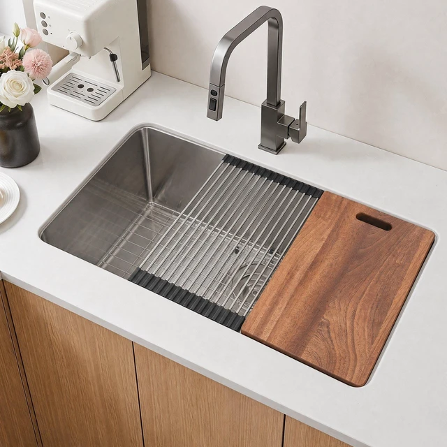 Main image of VEVOR 33-inch Kitchen Undermount Single Bowl Sinks, Stainless Steel Drop-In Farmhouse Basin with Ledge & Accessories, Household Dishwasher Sinks for RV, Prep Kitchen, Laundry Room, Bar
