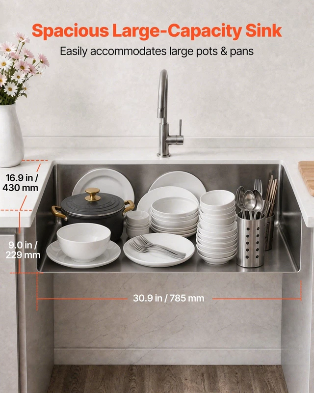 Alt view image 2 of 8 - VEVOR 33-inch Kitchen Undermount Single Bowl Sinks, Stainless Steel Drop-In Farmhouse Basin with Ledge & Accessories, Household Dishwasher Sinks for RV, Prep Kitchen, Laundry Room, Bar