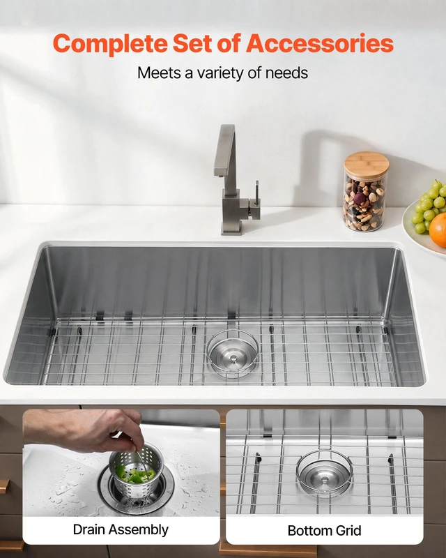 Alt view image 4 of 8 - VEVOR 33-inch Kitchen Undermount Single Bowl Sinks, Stainless Steel Drop-In Farmhouse Basin with Ledge & Accessories, Household Dishwasher Sinks for RV, Prep Kitchen, Laundry Room, Bar