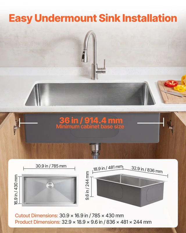 Alt view image 7 of 8 - VEVOR 33-inch Kitchen Undermount Single Bowl Sinks, Stainless Steel Drop-In Farmhouse Basin with Ledge & Accessories, Household Dishwasher Sinks for RV, Prep Kitchen, Laundry Room, Bar