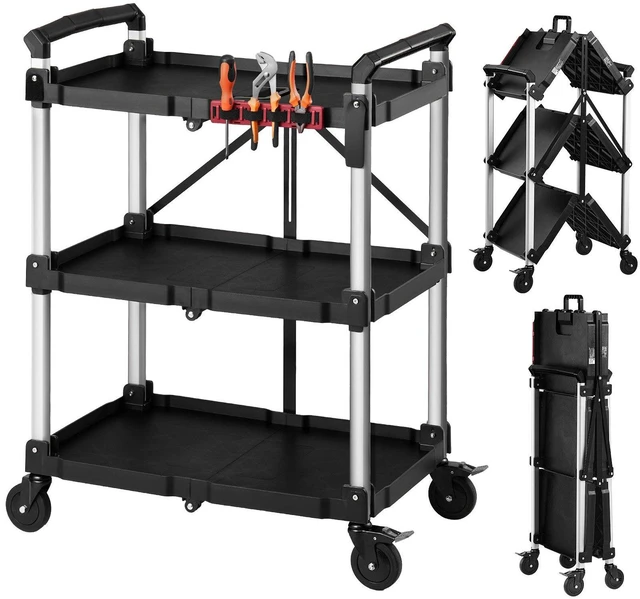 Main image of VEVOR Utility Cart, 300 lbs Capacity, 3 Tier Folding Service Cart with 360° Swivel Wheels (2 with Brakes), Heavy Duty Rolling with Trays & Side Tool Holder, Tool Storage for Garage Warehouse Workshop