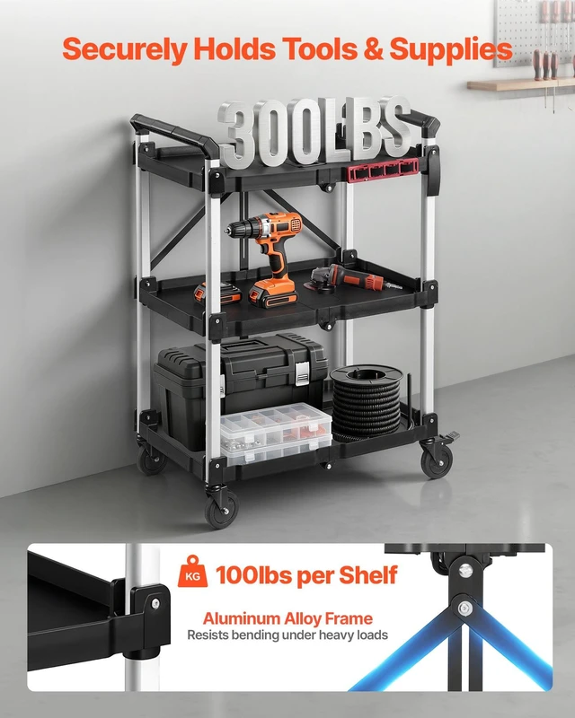 Alt view image 3 of 8 - VEVOR Utility Cart, 300 lbs Capacity, 3 Tier Folding Service Cart with 360° Swivel Wheels (2 with Brakes), Heavy Duty Rolling with Trays & Side Tool Holder, Tool Storage for Garage Warehouse Workshop