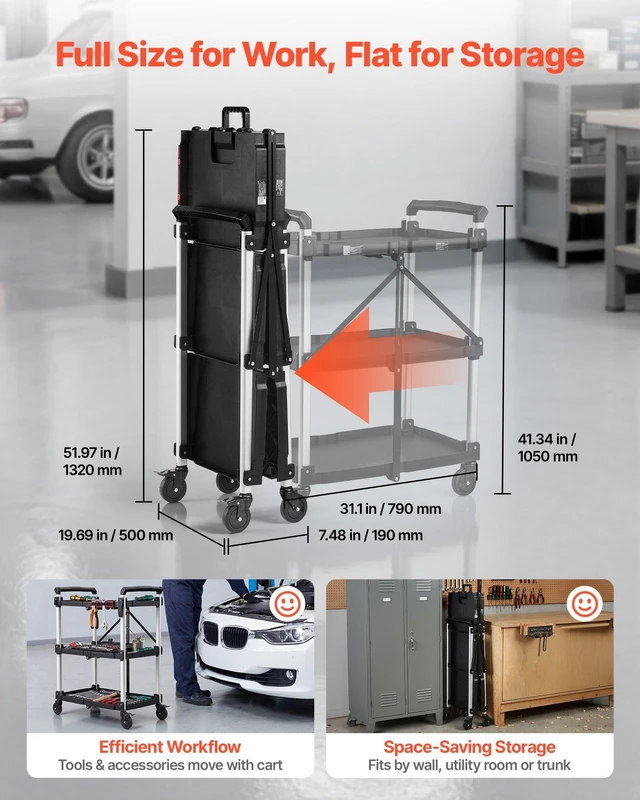 Alt view image 2 of 8 - VEVOR Utility Cart, 300 lbs Capacity, 3 Tier Folding Service Cart with 360° Swivel Wheels (2 with Brakes), Heavy Duty Rolling with Trays & Side Tool Holder, Tool Storage for Garage Warehouse Workshop