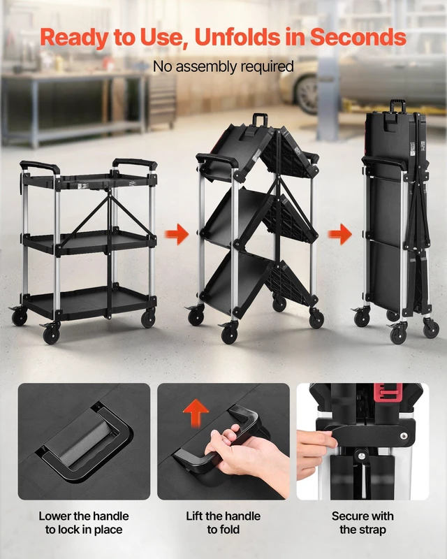 Alt view image 6 of 8 - VEVOR Utility Cart, 300 lbs Capacity, 3 Tier Folding Service Cart with 360° Swivel Wheels (2 with Brakes), Heavy Duty Rolling with Trays & Side Tool Holder, Tool Storage for Garage Warehouse Workshop