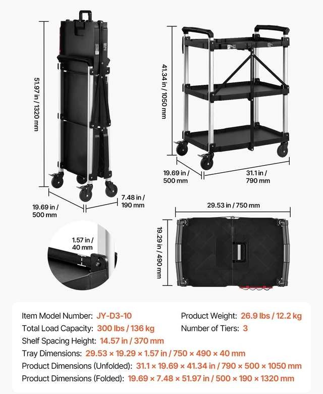 Alt view image 7 of 8 - VEVOR Utility Cart, 300 lbs Capacity, 3 Tier Folding Service Cart with 360° Swivel Wheels (2 with Brakes), Heavy Duty Rolling with Trays & Side Tool Holder, Tool Storage for Garage Warehouse Workshop