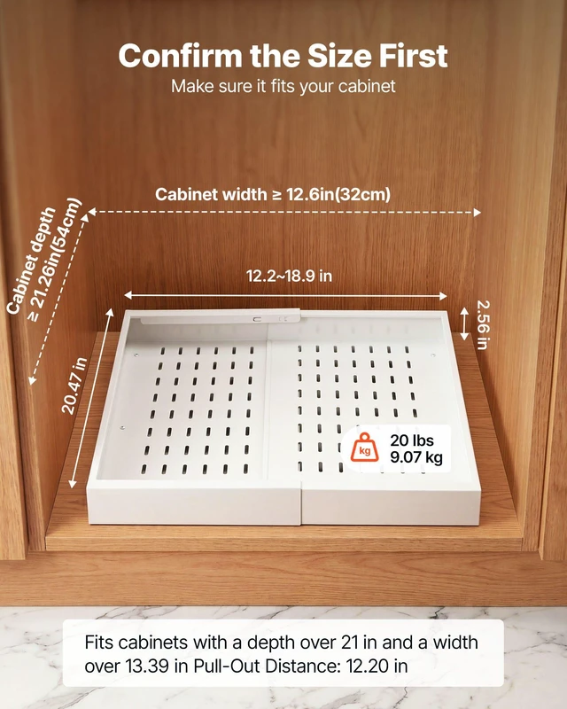 Alt view image 2 of 8 - VEVOR Pull Out Cabinet Organizer, 2 Pack Expandable Width (12.2"-18.9"), 20.47" Deep Pull Out Drawers for Cabinets, Sliding Drawer for Kitchen Pantry Cabinet Organizer with Nano Adhesive Strips, White