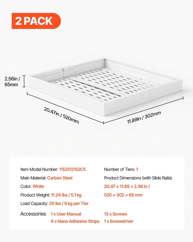 Alt view image 7 of 8 - VEVOR Pull Out Cabinet Organizer, 2 Pack Expandable Width (12.2"-18.9"), 20.47" Deep Pull Out Drawers for Cabinets, Sliding Drawer for Kitchen Pantry Cabinet Organizer with Nano Adhesive Strips, White