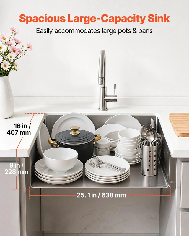 Alt view image 2 of 8 - VEVOR 27-inch Kitchen Undermount Single Bowl Sinks, Stainless Steel Drop-In Farmhouse Basin with Accessories, Household Dishwasher Sinks for RV, Prep Kitchen, Laundry Room, Bar