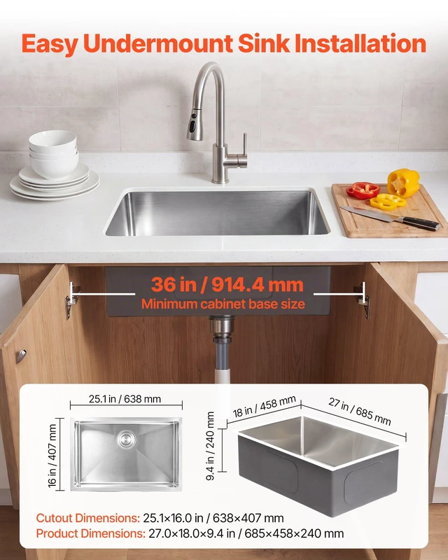 Alt view image 7 of 8 - VEVOR 27-inch Kitchen Undermount Single Bowl Sinks, Stainless Steel Drop-In Farmhouse Basin with Accessories, Household Dishwasher Sinks for RV, Prep Kitchen, Laundry Room, Bar