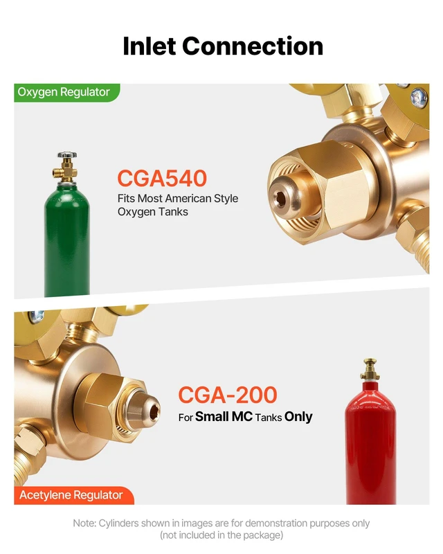 Alt view image 2 of 8 - VEVOR Oxygen Acetylene Regulator Set, Oxy-Acetylene Regulators, 0-4000PSI and 0-400PSI Welding Gas Gauges with CGA-540/CGA-200 Inlet Connection & 9/16"-18 Outlet Connection, PC Knob Adjustment