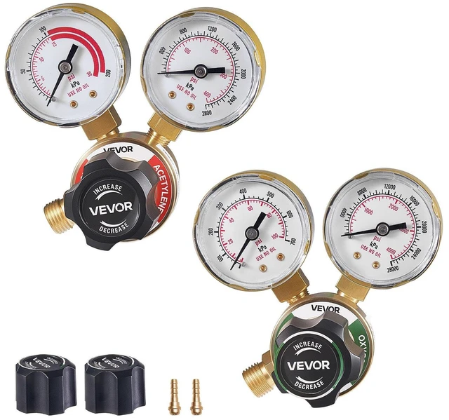 Main image of VEVOR Oxygen Acetylene Regulator Set, Oxy-Acetylene Regulators, 0-4000PSI and 0-400PSI Welding Gas Gauges with CGA-540/CGA-200 Inlet Connection & 9/16"-18 Outlet Connection, PC Knob Adjustment