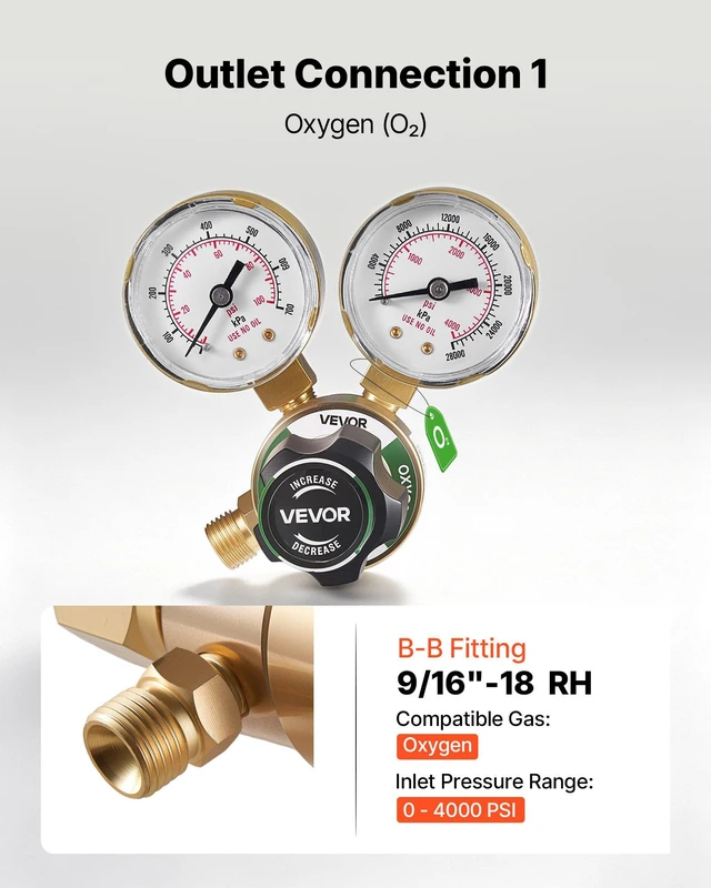 Alt view image 3 of 8 - VEVOR Oxygen Acetylene Regulator Set, Oxy-Acetylene Regulators, 0-4000PSI and 0-400PSI Welding Gas Gauges with CGA-540/CGA-200 Inlet Connection & 9/16"-18 Outlet Connection, PC Knob Adjustment