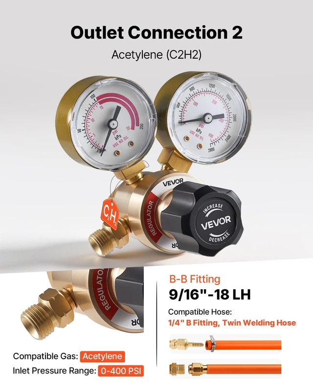Alt view image 4 of 8 - VEVOR Oxygen Acetylene Regulator Set, Oxy-Acetylene Regulators, 0-4000PSI and 0-400PSI Welding Gas Gauges with CGA-540/CGA-200 Inlet Connection & 9/16"-18 Outlet Connection, PC Knob Adjustment