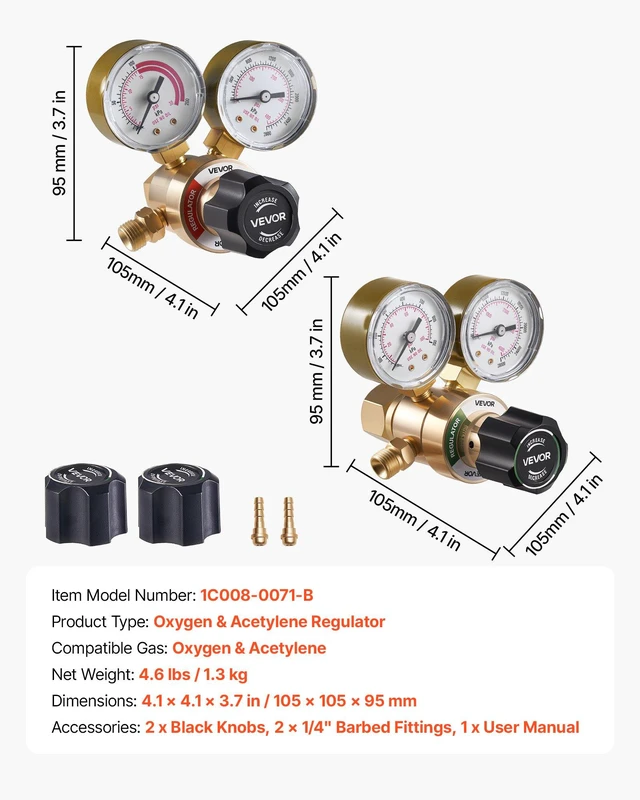 Alt view image 7 of 8 - VEVOR Oxygen Acetylene Regulator Set, Oxy-Acetylene Regulators, 0-4000PSI and 0-400PSI Welding Gas Gauges with CGA-540/CGA-200 Inlet Connection & 9/16"-18 Outlet Connection, PC Knob Adjustment