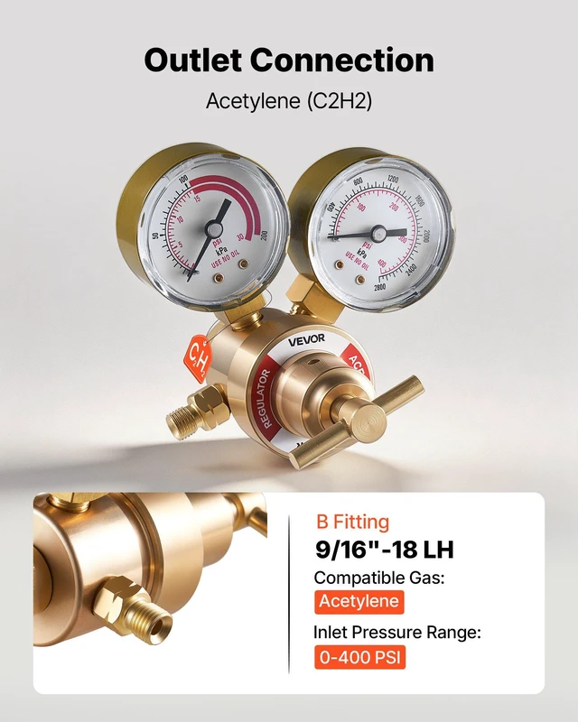 Alt view image 3 of 8 - VEVOR Acetylene Regulator, Precise Acetylene Regulator, 0-400PSI Welding Gas Gauge with CGA-200 Inlet Connection & 9/16"-18 LH Outlet Connection, T-Handle Adjustment