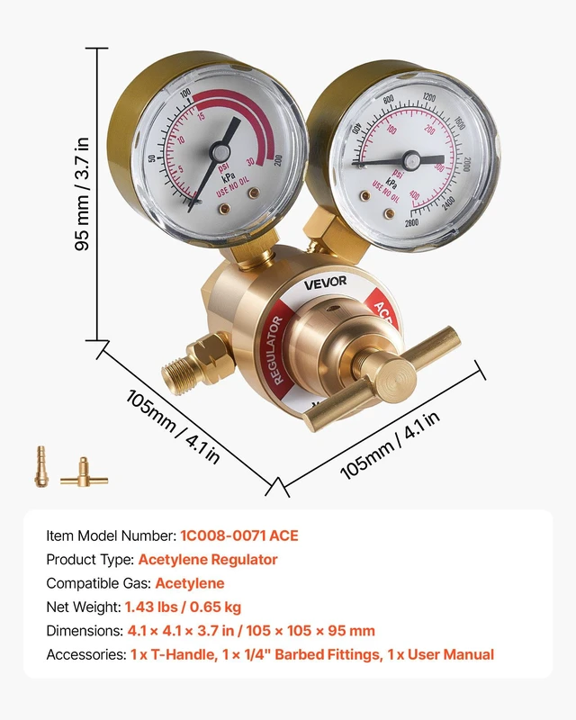 Alt view image 6 of 8 - VEVOR Acetylene Regulator, Precise Acetylene Regulator, 0-400PSI Welding Gas Gauge with CGA-200 Inlet Connection & 9/16"-18 LH Outlet Connection, T-Handle Adjustment