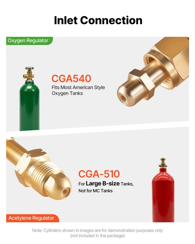 Alt view image 2 of 8 - VEVOR Oxygen Acetylene Regulator Set, Oxy-Acetylene Regulators, 0-4000PSI and 0-400PSI Welding Gas Gauges with CGA-540/CGA-510 Inlet Connection & 9/16"-18 Outlet Connection, PC Knob Adjustment
