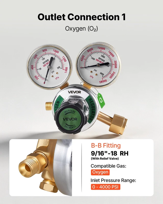 Alt view image 3 of 8 - VEVOR Oxygen Acetylene Regulator Set, Oxy-Acetylene Regulators, 0-4000PSI and 0-400PSI Welding Gas Gauges with CGA-540/CGA-510 Inlet Connection & 9/16"-18 Outlet Connection, PC Knob Adjustment