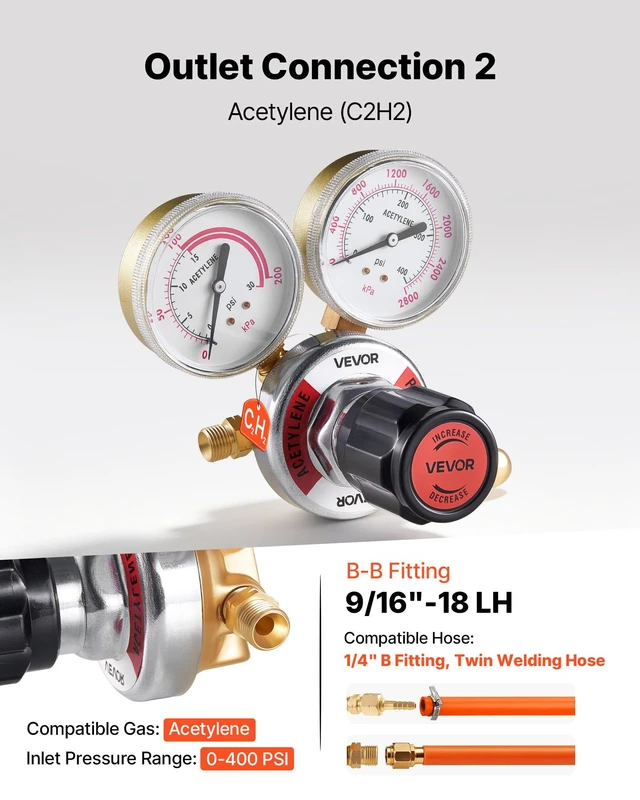 Alt view image 4 of 8 - VEVOR Oxygen Acetylene Regulator Set, Oxy-Acetylene Regulators, 0-4000PSI and 0-400PSI Welding Gas Gauges with CGA-540/CGA-510 Inlet Connection & 9/16"-18 Outlet Connection, PC Knob Adjustment