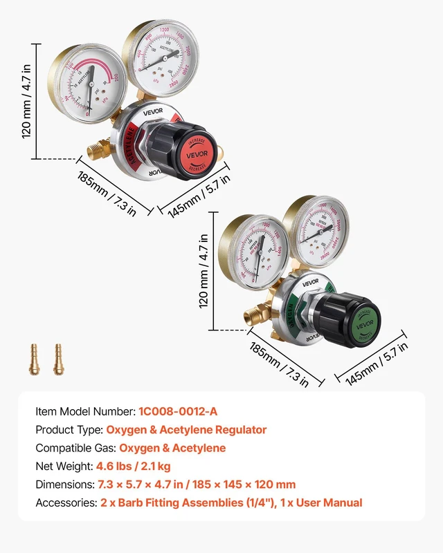 Alt view image 7 of 8 - VEVOR Oxygen Acetylene Regulator Set, Oxy-Acetylene Regulators, 0-4000PSI and 0-400PSI Welding Gas Gauges with CGA-540/CGA-510 Inlet Connection & 9/16"-18 Outlet Connection, PC Knob Adjustment